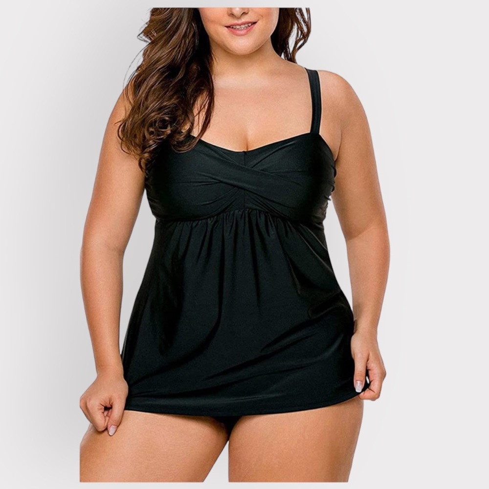 Women’s Plain Black Adjustable Straps Top Tankini Swimsuit L NWOT